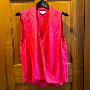 “Velvet” coral/pink colored, faux-wrap, high-low, tunic top